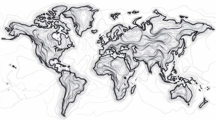 Detailed Topographic Map of the World with Line Art and Contour Lines on White Background