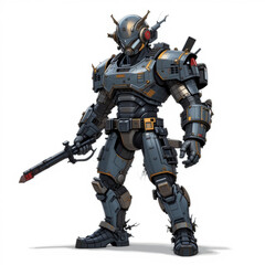 Robot warrior in armor suit with weapon, future soldier concept stand on white floor and background, fierce warrior robot stand and point sword to floor