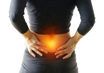 Woman suffering from lower back pain with glowing effect, isolated on transparent cutout background