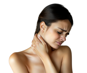 Young woman suffering from neck pain, isolated on transparent cutout background
