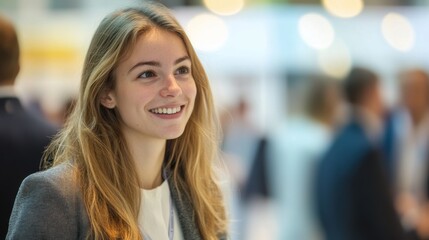 Naklejka premium young woman with a confident smile interacts with professionals at a networking event, embodying openness and a strong networking purpose.