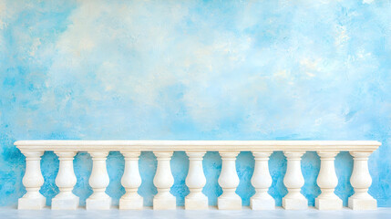 Fototapeta premium White balustrade against light blue wall, background blur, product display