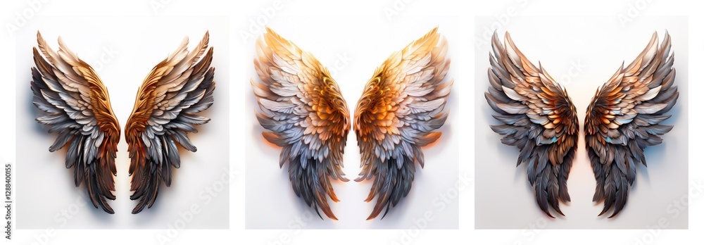 Poster isolated collection of three pairs of detailed wings. each pair displays unique feathery textures an