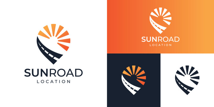 Creative sun road logo template. Road and location symbol logo design vector illustration.