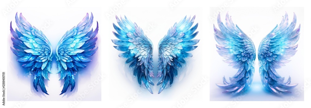 Poster isolated collection of three sets of ethereal blue wings. feathery and delicate, these wings are pre