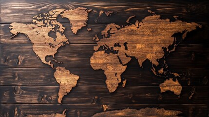 Engraved world map on wooden panel with dark wood and light brown highlights