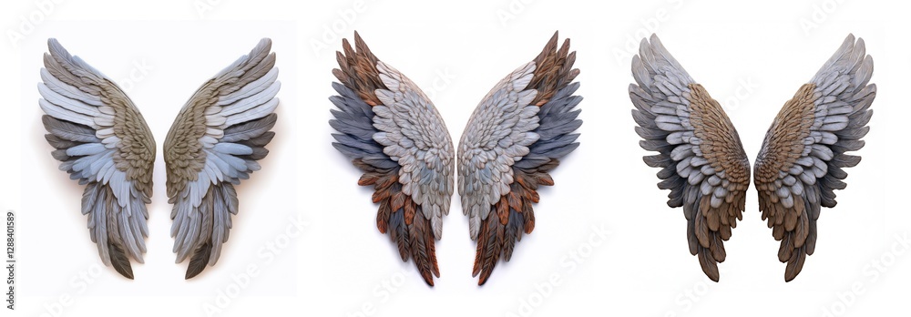 Poster isolated collection of three pairs of detailed wings. varied colors and feather textures are display