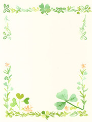 Paper with thin hand-drawn border in watercolor style. The border features fun doodles of shamrocks, Generative AI