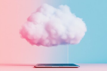 A stylized cloud emerging from a laptop, symbolizing digital innovation, creativity, and technology in a modern workspace with a pastel color palette