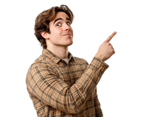 Smiling young man pointing aside, isolated on transparent cutout background