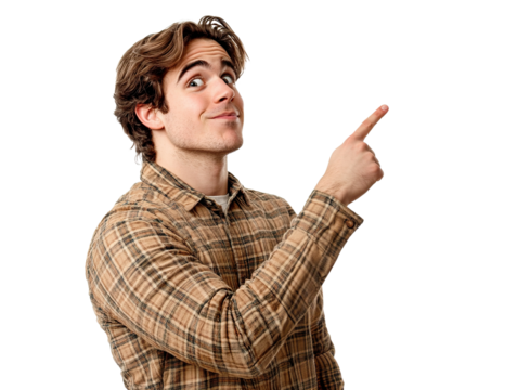 Smiling young man pointing aside, isolated on transparent cutout background