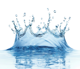 Blue water splash with droplets in motion, isolated on transparent cutout background