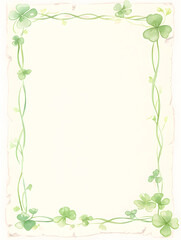 Paper with thin hand-drawn border in watercolor style. The border features fun doodles of shamrocks, Generative AI