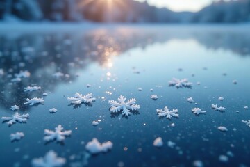 Delicate snowflakes settle on a frozen lake surface,, snowflake, peaceful scene