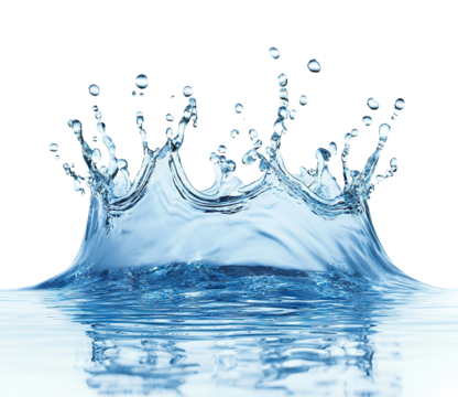 Blue water splash with droplets in motion, isolated on transparent cutout background - Powered by Adobe