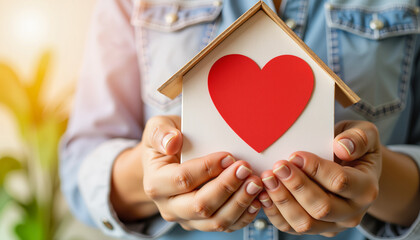 Hands holding a small house with a red heart