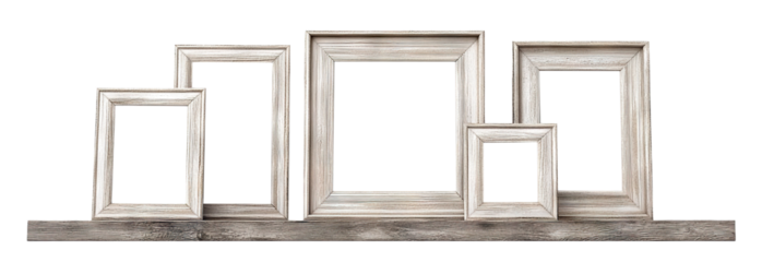 Set of empty wooden picture frames on a shelf, isolated on transparent cutout background