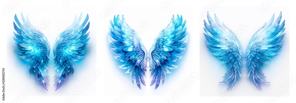 Poster a beautiful isolated collection of three pairs of blue ethereal wings, digitally rendered with a sof