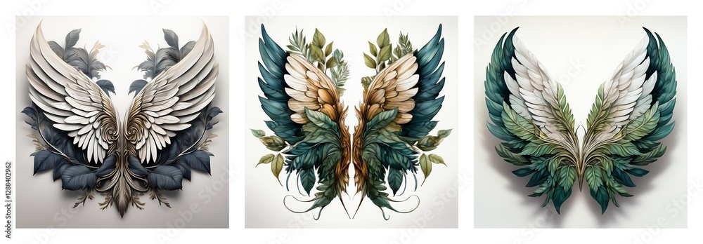 Aufkleber isolated collection of three decorative wings. each pair is unique with different feather colors and