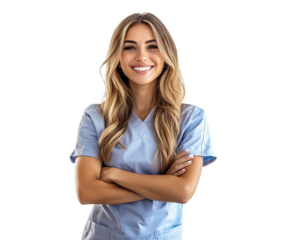 Smiling nurse in blue scrubs with arms crossed, isolated on transparent cutout background
