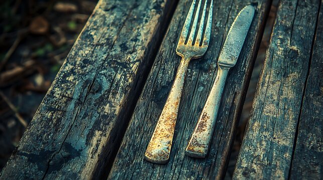 Rustic utensils on weathered wooden picnic table