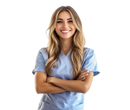 Smiling nurse in blue scrubs with arms crossed, isolated on transparent cutout background