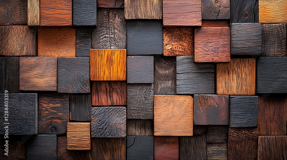 Poster rustic wooden blocks arranged to create a unique wall, perfect for home decor or design background