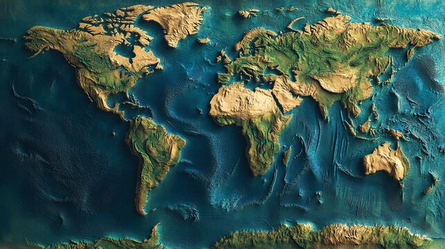 Fototapeta Detailed topographic world map with earth tones and ocean blue relief texture