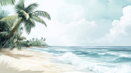 Watercolor painting of a tropical beach with palm trees and ocean waves