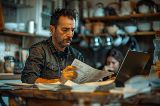 A man sits at a rustic wooden table, carefully analyzing documents, while a woman is focused on her laptop in the background, creating a busy workspace atmosphere