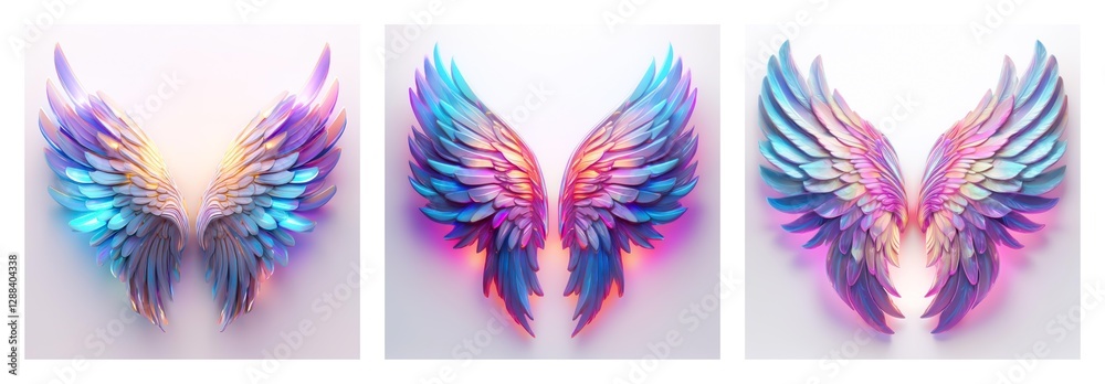 Poster isolated collection of three pairs of iridescent wings with vibrant colors and detailed feather text