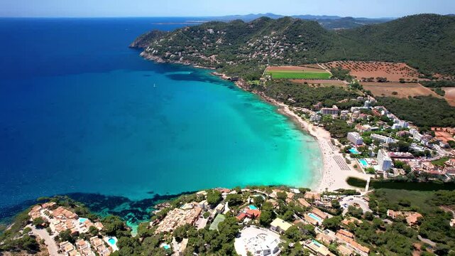 aerial drone 4k hd video  of beautiful sandy beach Canyamel with turquoise sea, Mallorca, Mediterranean Sea, Balearic islands, Spain