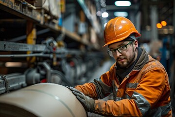 A worker in an orange safety uniform and hard hat carefully operates machinery in a well-lit workshop. The scene captures a focus on safety and precision during evening hours