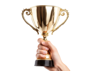 Hand holding a gold trophy cup, isolated on transparent cutout background