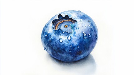 Watercolor painting of a single fresh ripe blueberry with water droplets on a white background