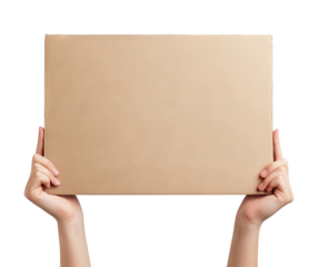 Hands holding a blank cardboard placard, isolated on transparent cutout background