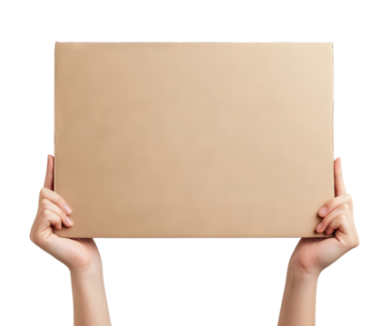 Hands holding a blank cardboard placard, isolated on transparent cutout background - Powered by Adobe