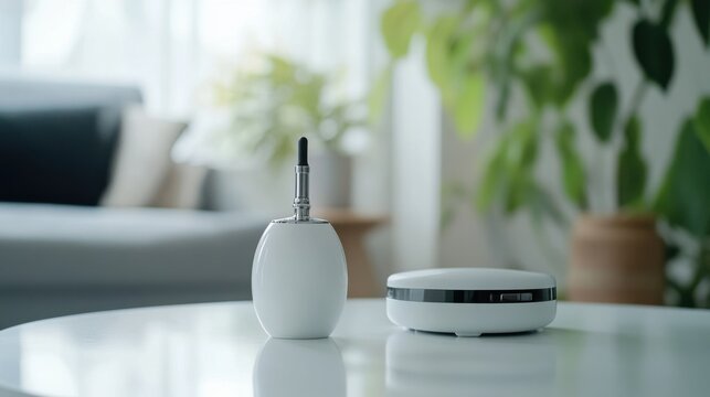 Vaping device on a clean white table with a sleek ceramic pot. Featuring modern simplicity and elegance