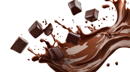 Chocolate splash and cubes food photography high-resolution dynamic concept with transparency background png