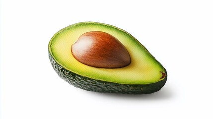 A close-up of a halved avocado with a visible pit on a white background