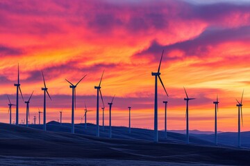 Fototapeta premium Wind farm at sunrise featuring numerous wind turbines against a colorful sky. Generative AI