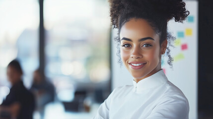 Confident african female young adult smiling in business setting