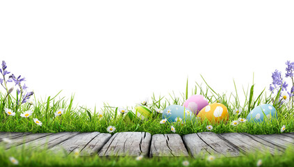 Five painted easter eggs celebrating a Happy Easter with a rustic wooden bench & green meadow grass to place products in front of with a transparent background