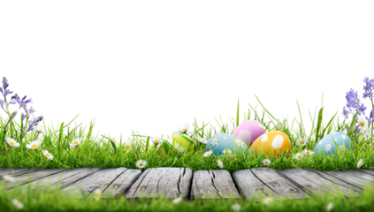 Five painted easter eggs celebrating a Happy Easter with a rustic wooden bench & green meadow grass to place products in front of with a transparent background