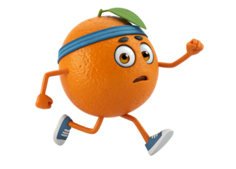 3D Cartoon orange with a sweatband around its forehead running. PNG