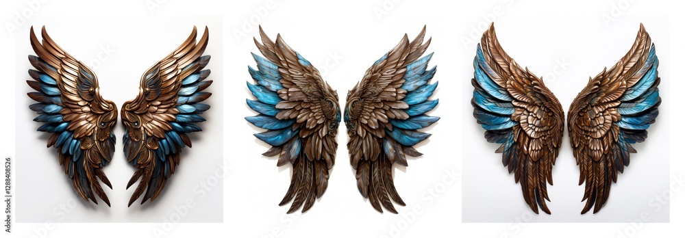 Poster isolated collection of three pairs of decorative wings with brown and blue feathers, displayed on a 