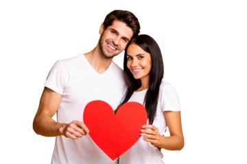 Photo of nice couple hugging holding in hands big paper heart trust each other wear casual clothes isolated yellow color background