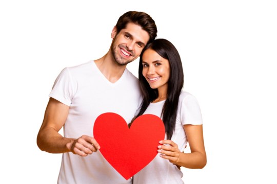 Photo of nice couple hugging holding in hands big paper heart trust each other wear casual clothes isolated yellow color background