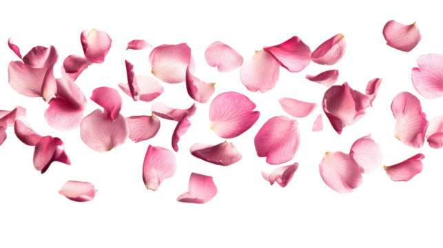 Falling pink rose petals on transparent background png nature still life white space visual serenity