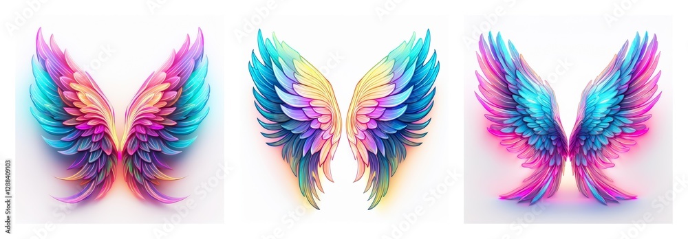 Poster vibrant collection of three isolated wings, each with unique bright hues, creating a fantasy and eth